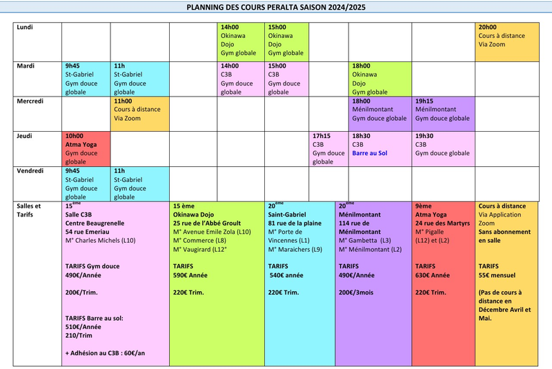 Cours, horaires, tarif Cours, horaires, tarif